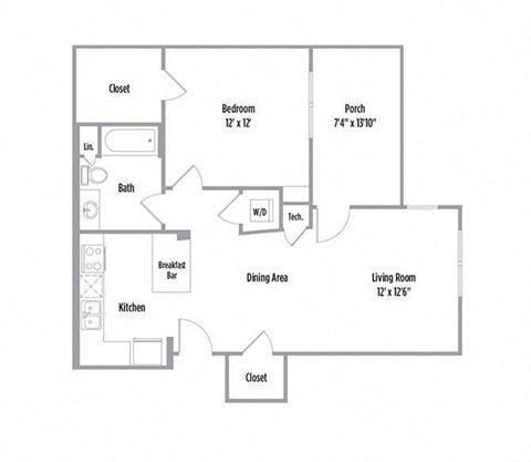 Floor plan for 1 bed, 1 bath, 743 sqft